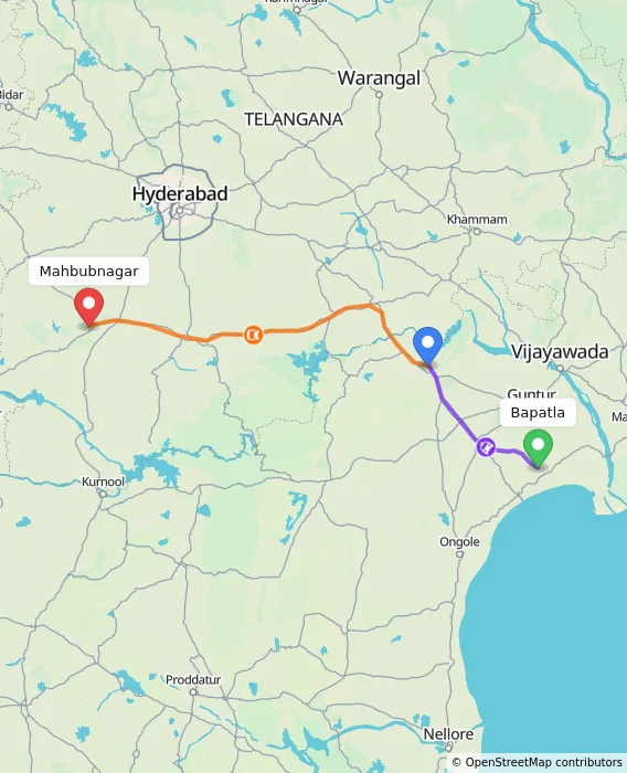 Route map showing distance and travel time from Bapatla, India to Mahbubnagar, India