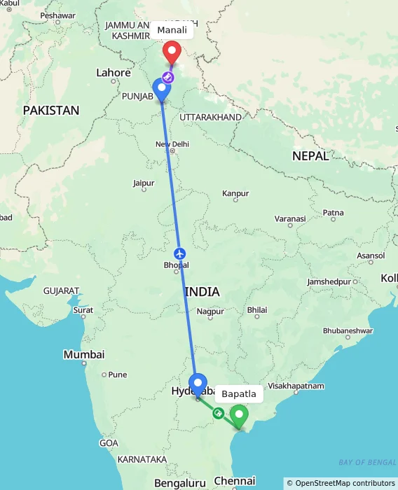Route map showing distance and travel time from Bapatla, India to Manali, India