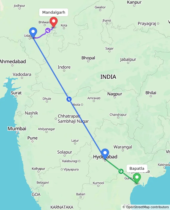Route map showing distance and travel time from Bapatla, India to Mandalgarh, India
