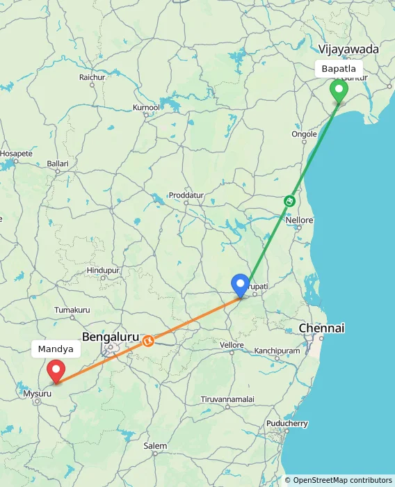 Route map showing distance and travel time from Bapatla, India to Mandya, India