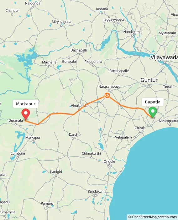 Route map showing distance and travel time from Bapatla, India to Markapur, India