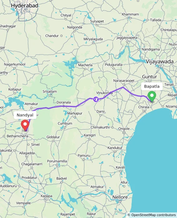 Route map showing distance and travel time from Bapatla, India to Nandyal, India