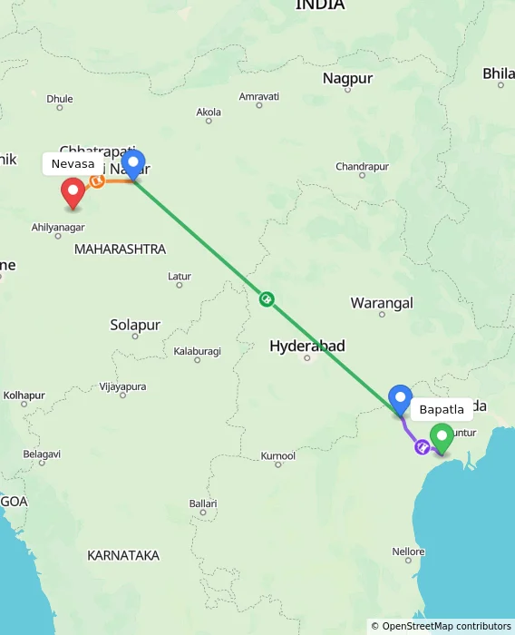 Route map showing distance and travel time from Bapatla, India to Nevasa, India