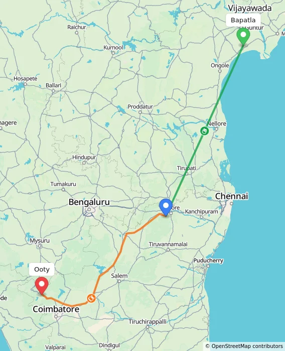 Route map showing distance and travel time from Bapatla, India to Ooty, India
