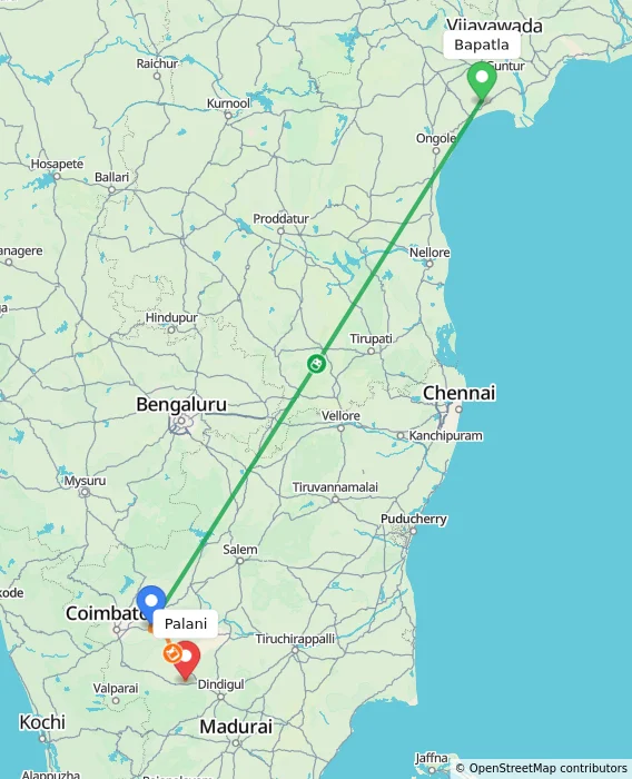 Route map showing distance and travel time from Bapatla, India to Palani, India