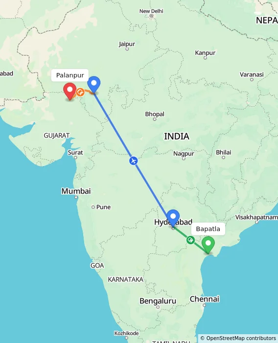 Route map showing distance and travel time from Bapatla, India to Palanpur, India