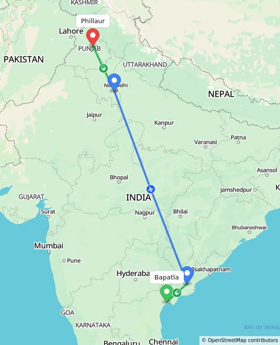 Route map showing distance and travel time from Bapatla, India to Phillaur, India