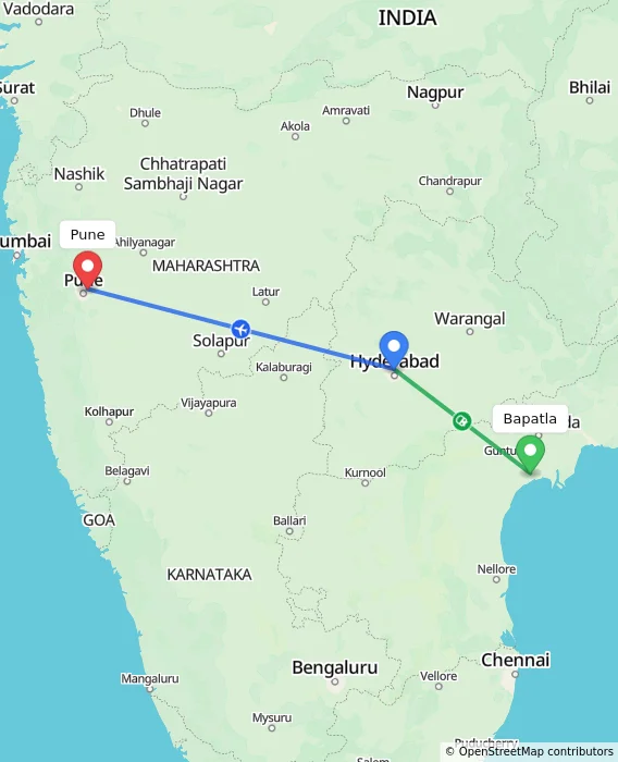 Route map showing distance and travel time from Bapatla, India to Pune, India