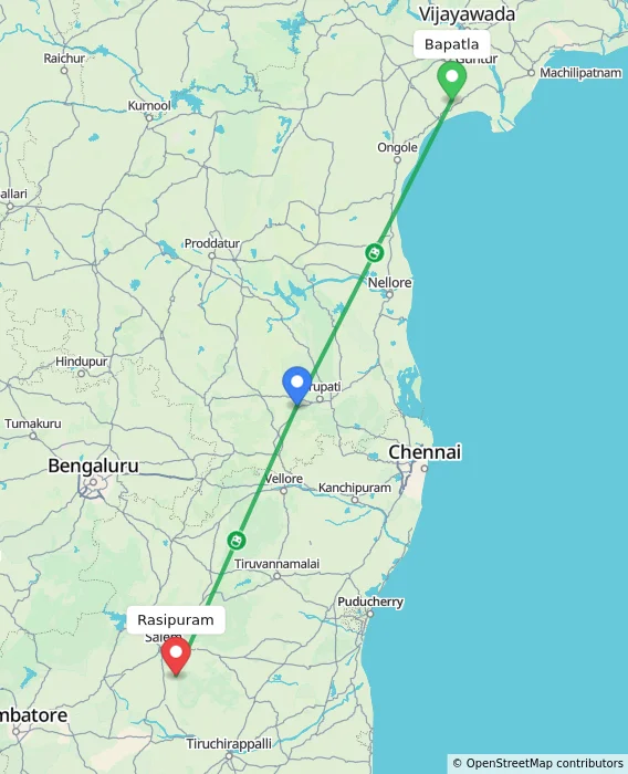 Route map showing distance and travel time from Bapatla, India to Rasipuram, India