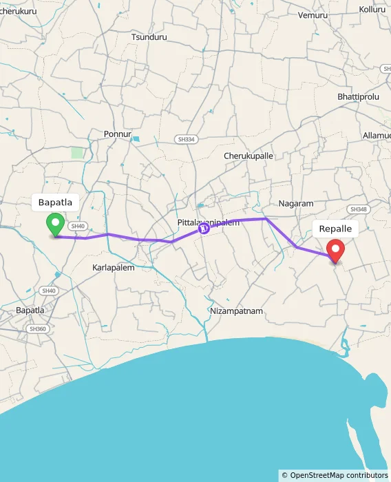 Route map showing distance and travel time from Bapatla, India to Repalle, India