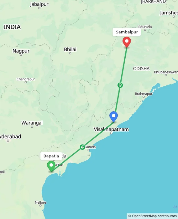 Route map showing distance and travel time from Bapatla, India to Sambalpur, India