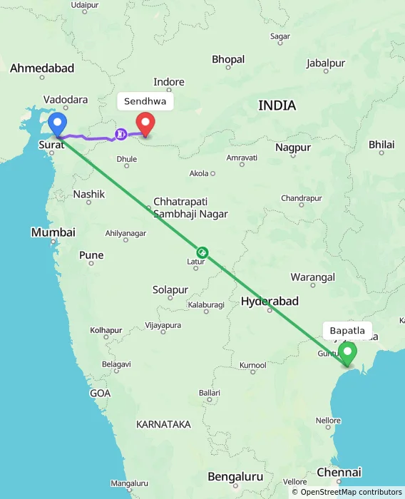 Route map showing distance and travel time from Bapatla, India to Sendhwa, India