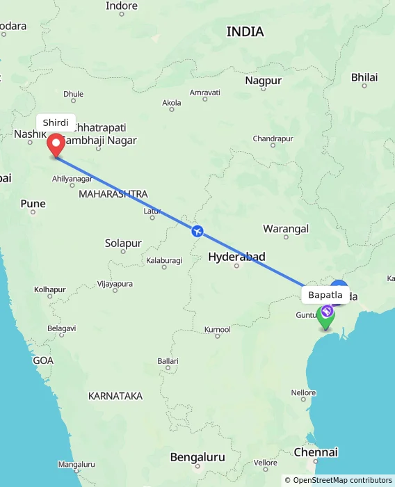 Route map showing distance and travel time from Bapatla, India to Shirdi, India