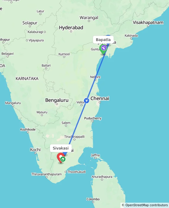 Route map showing distance and travel time from Bapatla, India to Sivakasi, India