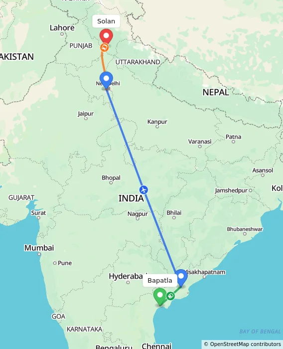 Route map showing distance and travel time from Bapatla, India to Solan, India