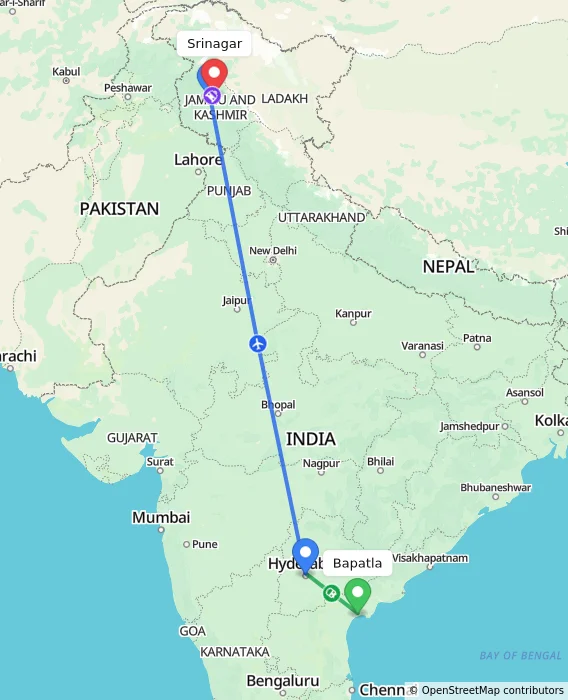 Route map showing distance and travel time from Bapatla, India to Srinagar, India