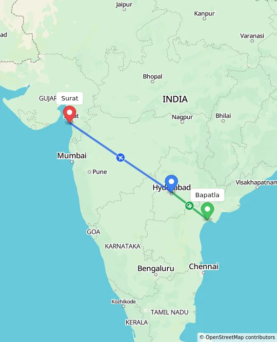 Route map showing distance and travel time from Bapatla, India to Surat, India