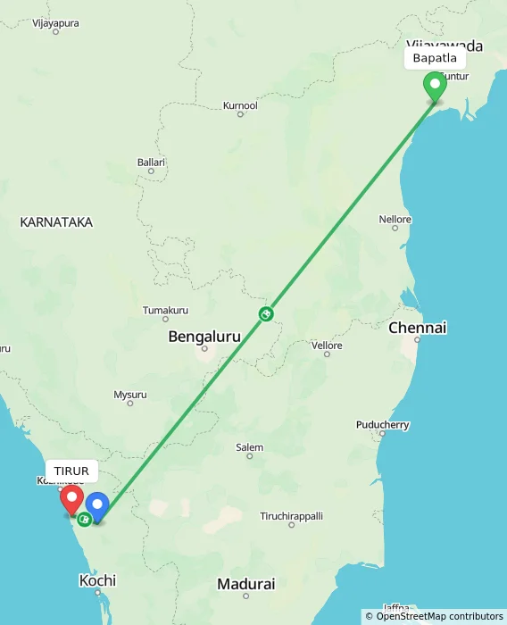 Route map showing distance and travel time from Bapatla, India to TIRUR, India