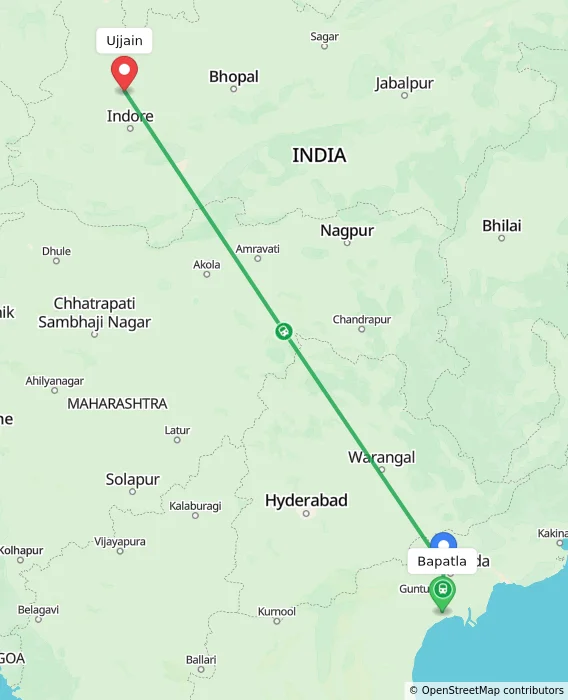Route map showing distance and travel time from Bapatla, India to Ujjain, India