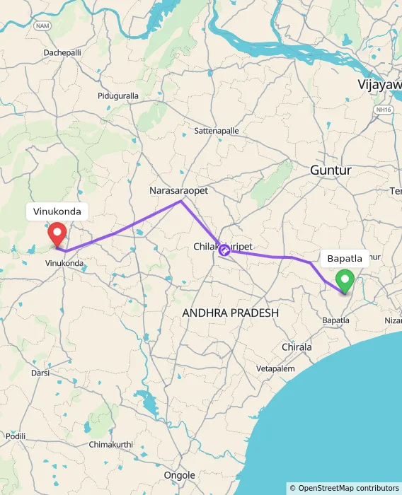 Route map showing distance and travel time from Bapatla, India to Vinukonda, India