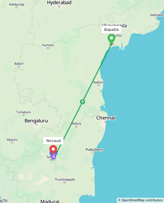 Route map showing distance and travel time from Bapatla, India to Yercaud, India