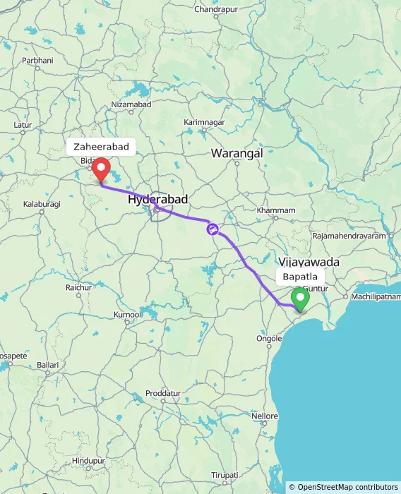 Route map showing distance and travel time from Bapatla, India to Zaheerabad, India