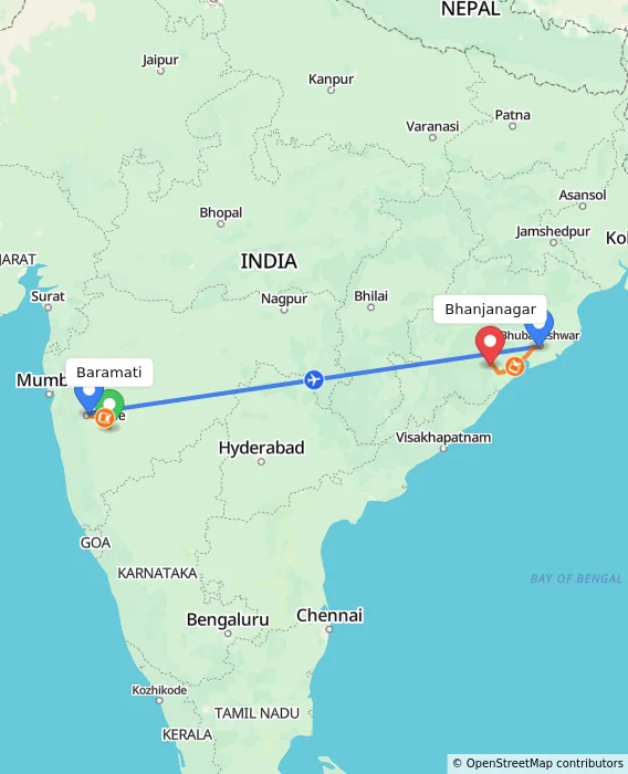 Route map showing distance and travel time from Baramati, India to Bhanjanagar, India