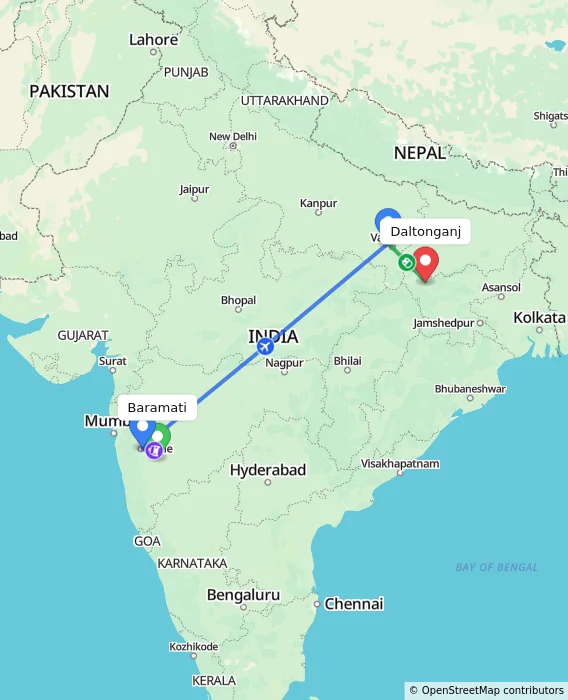 Route map showing distance and travel time from Baramati, India to Daltonganj, India