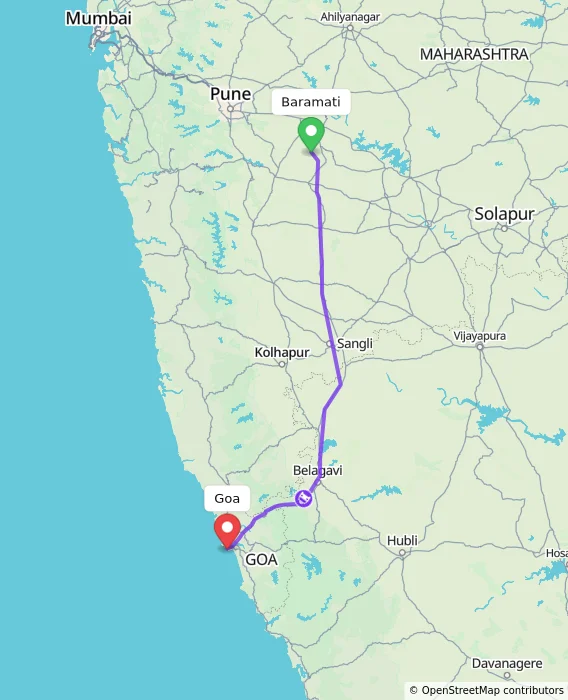 Route map showing distance and travel time from Baramati, India to Goa, India