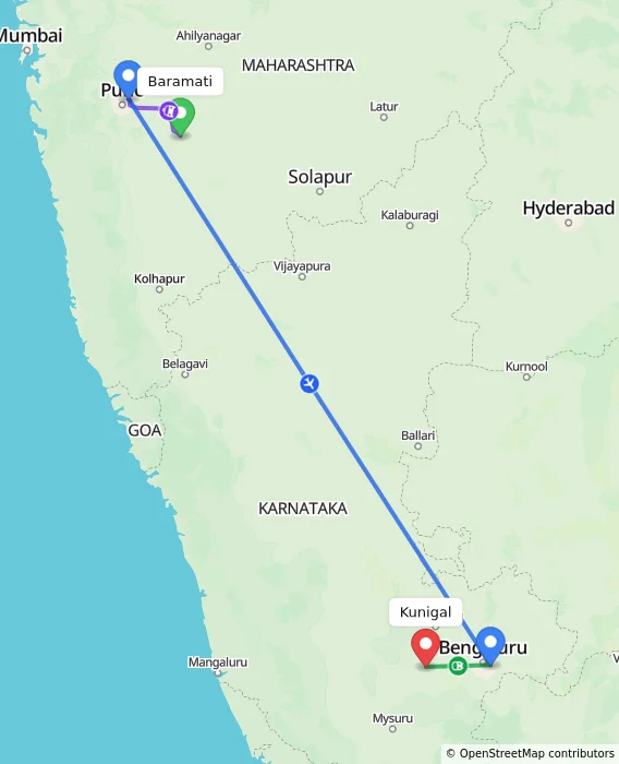 Route map showing distance and travel time from Baramati, India to Kunigal, India