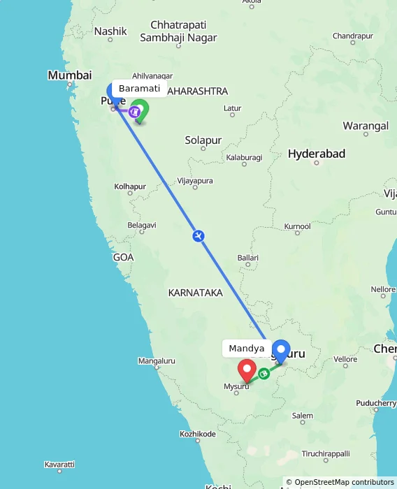 Route map showing distance and travel time from Baramati, India to Mandya, India