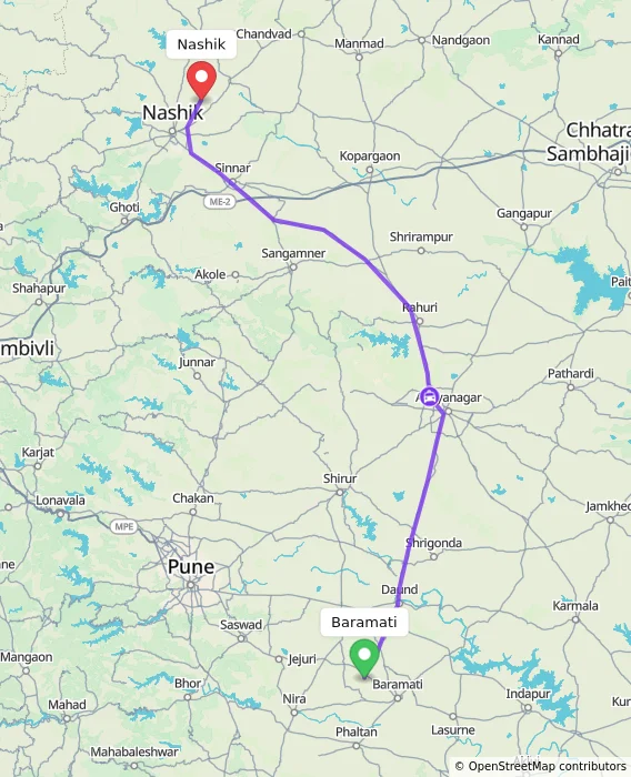 Route map showing distance and travel time from Baramati, India to Nashik, India