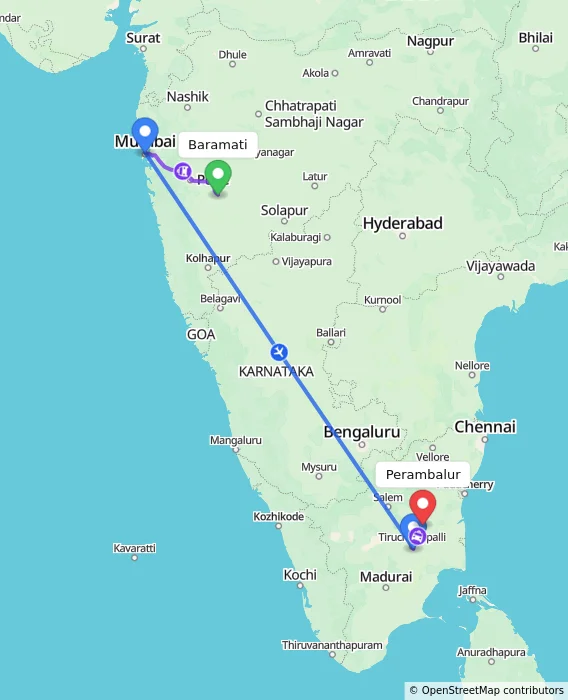 Route map showing distance and travel time from Baramati, India to Perambalur, India