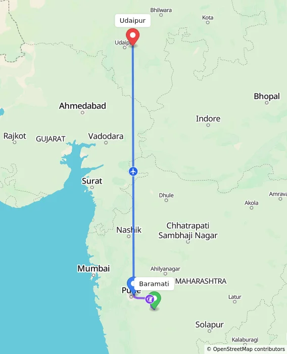 Route map showing distance and travel time from Baramati, India to Udaipur, India