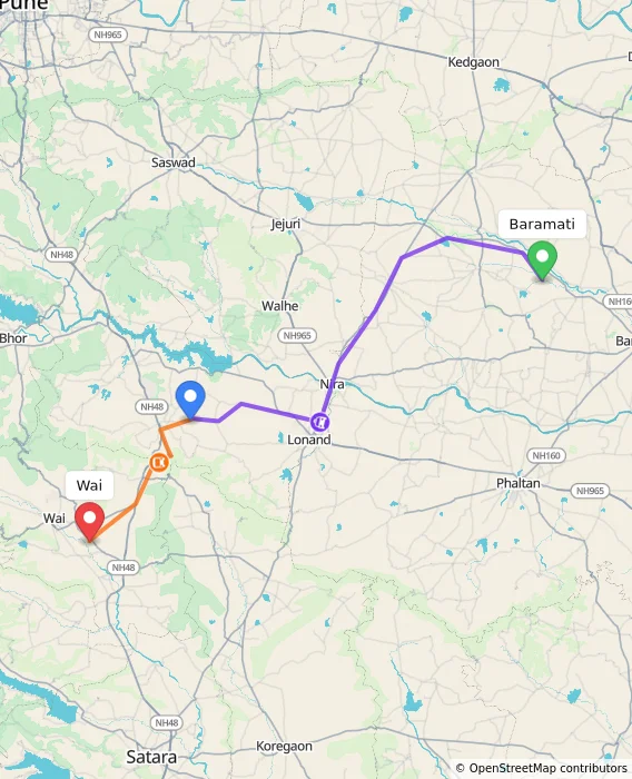 Route map showing distance and travel time from Baramati, India to Wai, India