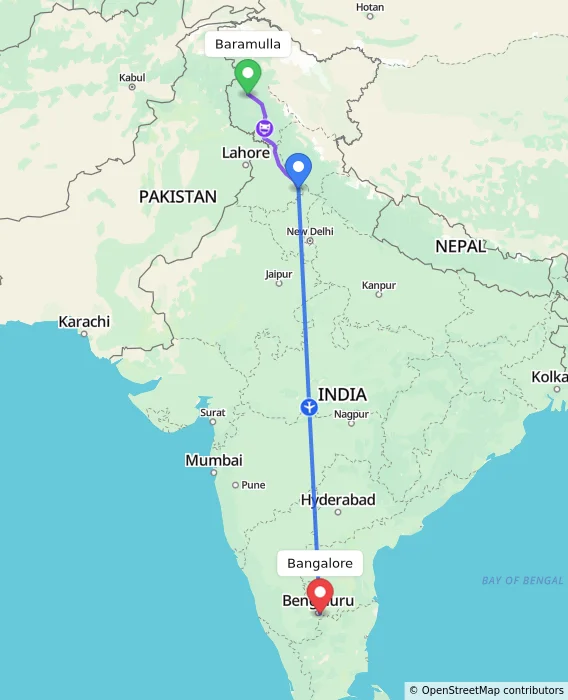 Route map showing distance and travel time from Baramulla, India to Bangalore, India