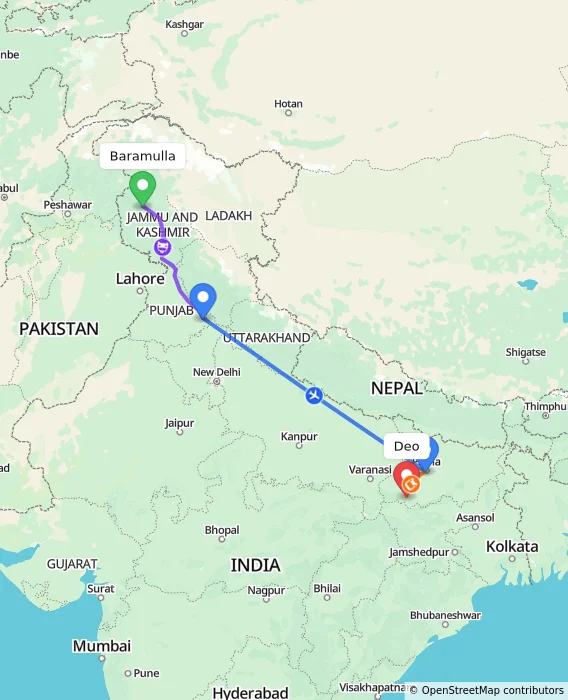 Route map showing distance and travel time from Baramulla, India to Deo, India