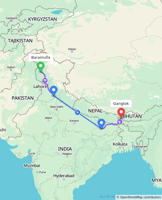 Route map showing distance and travel time from Baramulla, India to Gangtok, India