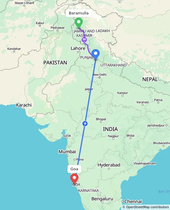 Route map showing distance and travel time from Baramulla, India to Goa, India