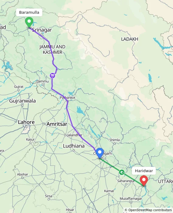 Route map showing distance and travel time from Baramulla, India to Haridwar, India