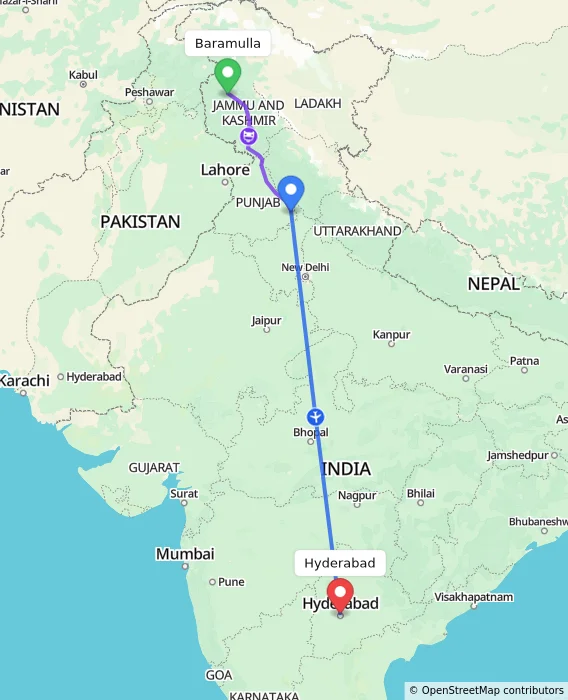 Route map showing distance and travel time from Baramulla, India to Hyderabad, India