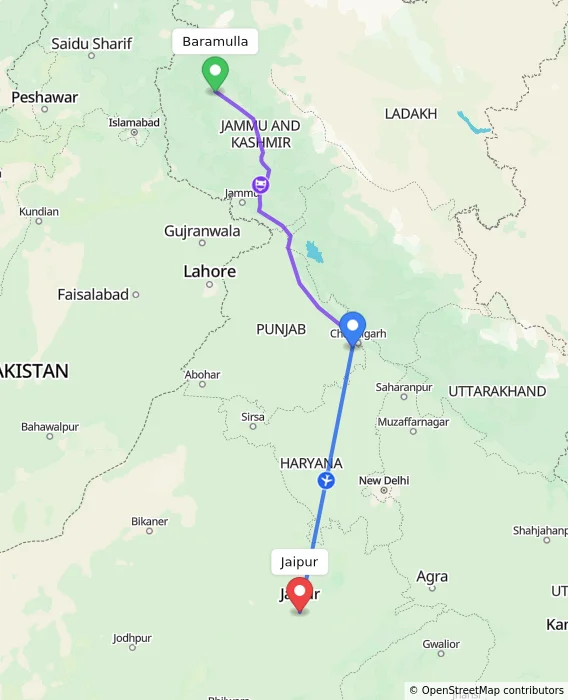 Route map showing distance and travel time from Baramulla, India to Jaipur, India