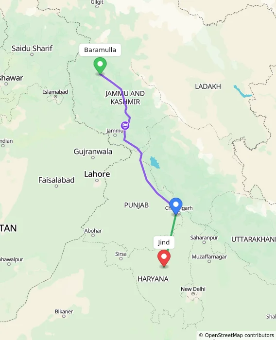 Route map showing distance and travel time from Baramulla, India to Jind, India