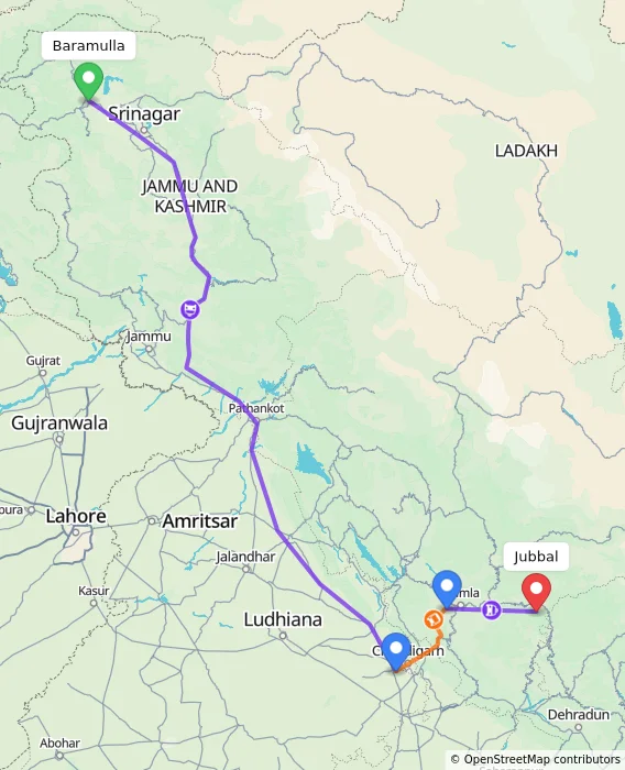 Route map showing distance and travel time from Baramulla, India to Jubbal, India