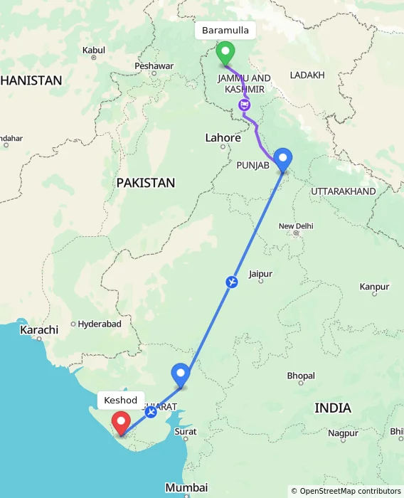 Route map showing distance and travel time from Baramulla, India to Keshod, India