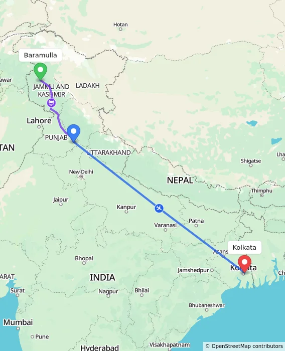 Route map showing distance and travel time from Baramulla, India to Kolkata, India