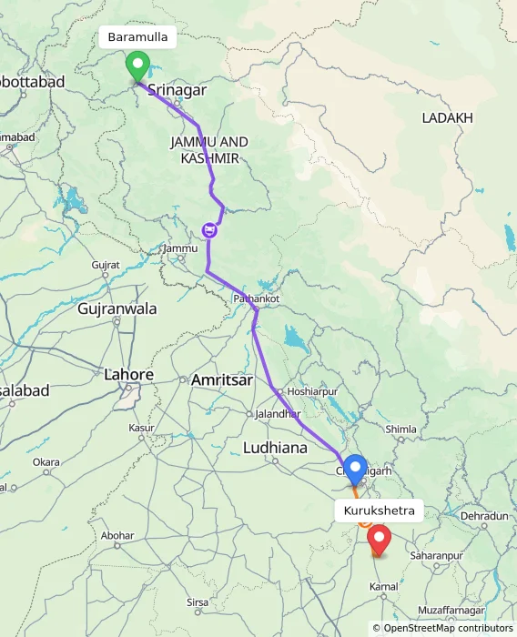 Route map showing distance and travel time from Baramulla, India to Kurukshetra, India