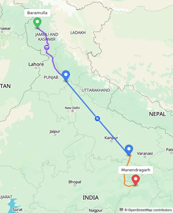 Route map showing distance and travel time from Baramulla, India to Manendragarh, India