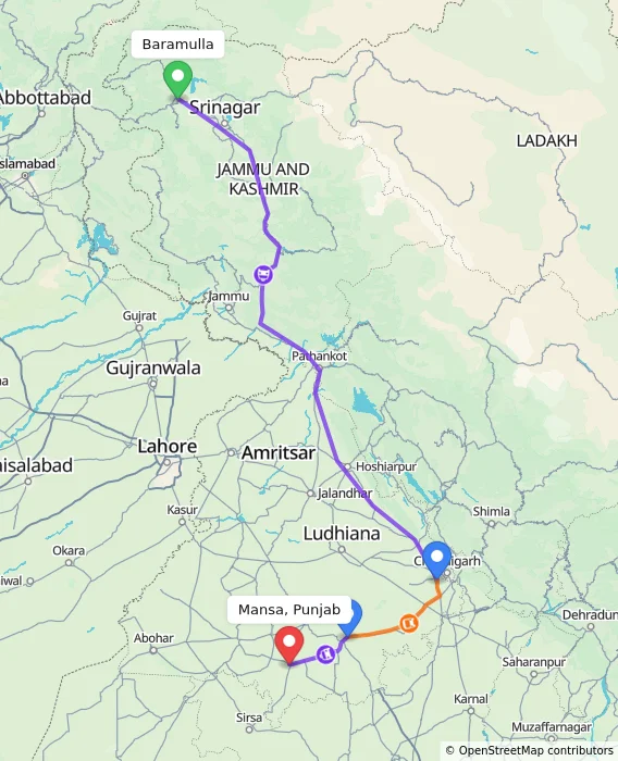 Route map showing distance and travel time from Baramulla, India to Mansa, Punjab, India