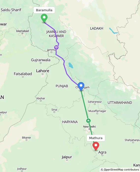 Route map showing distance and travel time from Baramulla, India to Mathura, India
